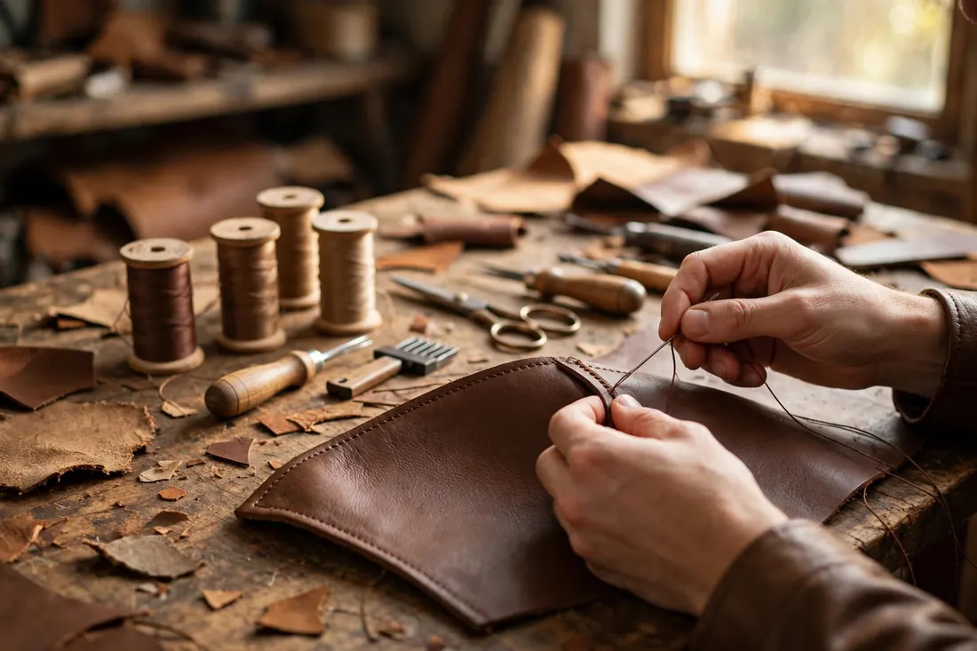 Hands stitching a leather jacket panel in a workshop