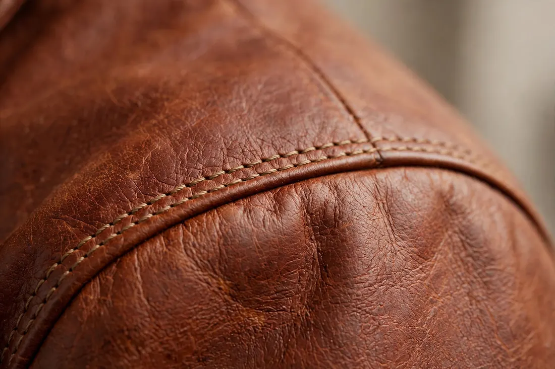 Stitching and hardware detail of The Aviator Shearling Jacket
