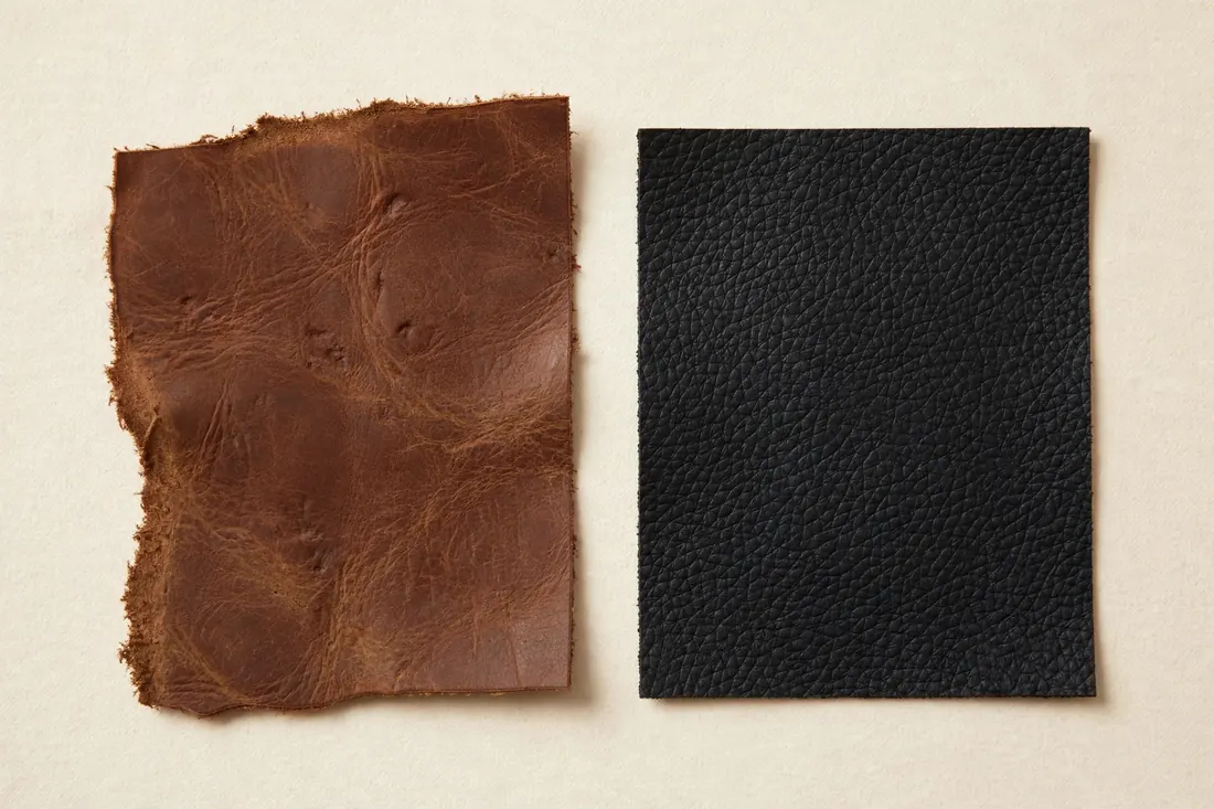 Genuine leather swatch with natural grain beside a uniform synthetic faux leather swatch