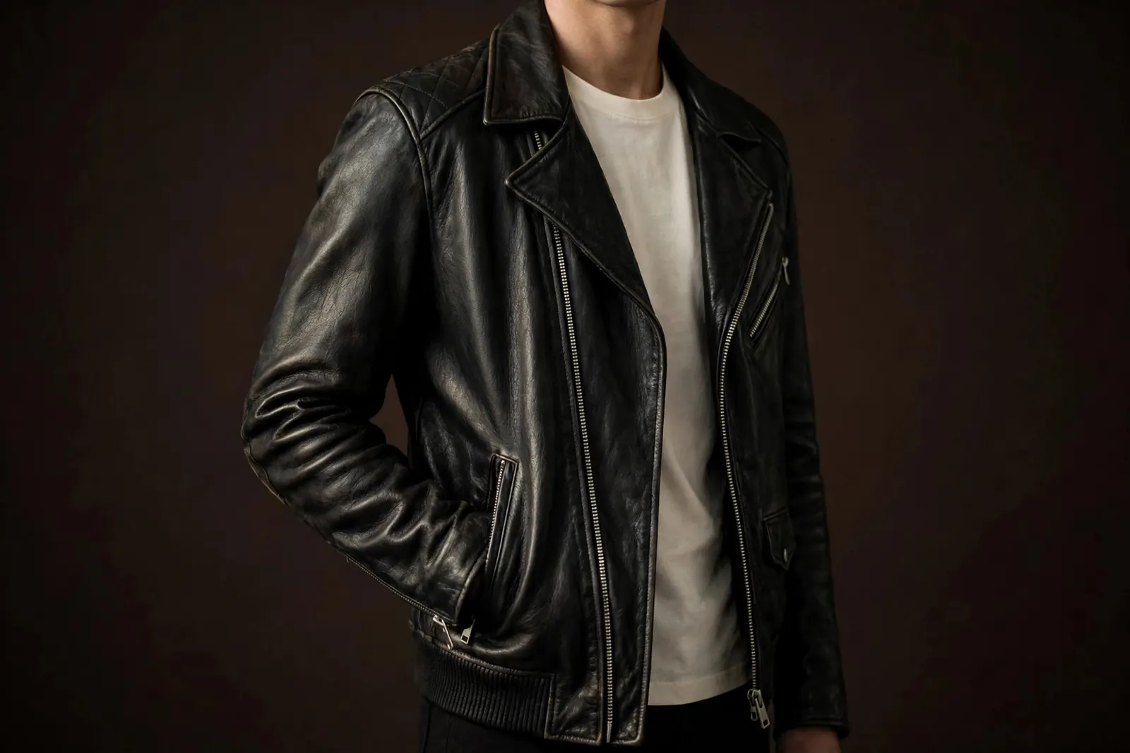 Model wearing a black leather biker jacket — IRON & HIDE signature style