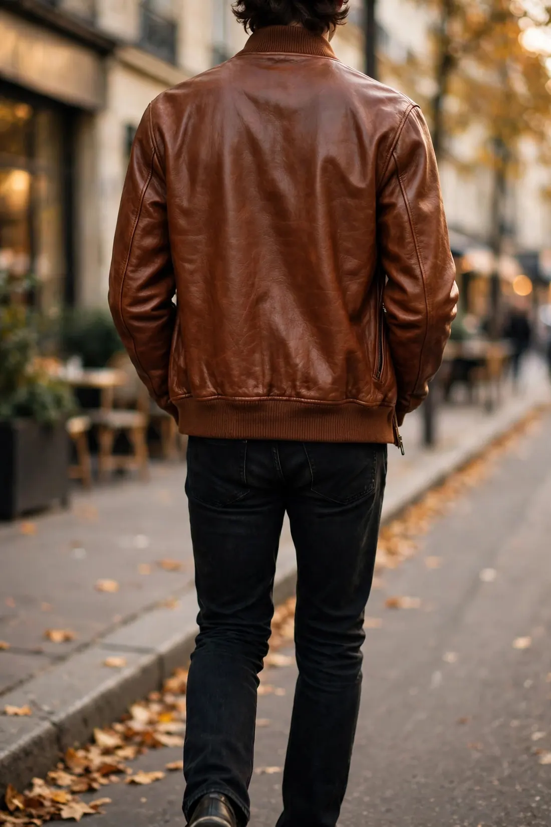 Person wearing a cognac leather bomber jacket on a city street