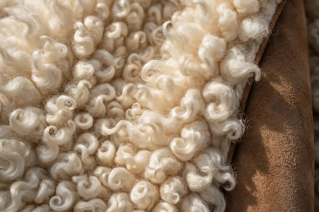 Shearling sheepskin texture close-up for The Aviator Shearling Jacket